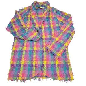 Vintage Ana's Fashions Multicolor Plaid Shaggy Jacket Women's Size L 100% Cotton